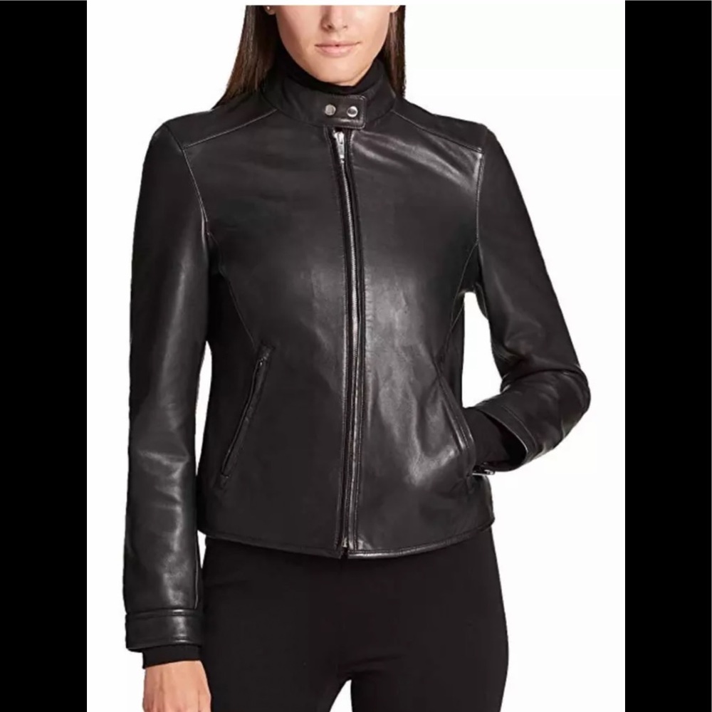 NWT DKNY DONNA KARAN NEW YORK Genuine Leather Moto Jacket Black Large